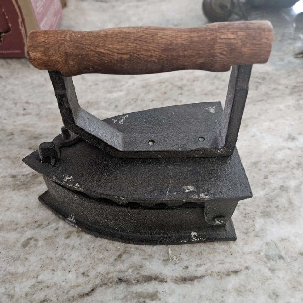 Vintage Cast Iron Clothes Iron with Wooden Handle